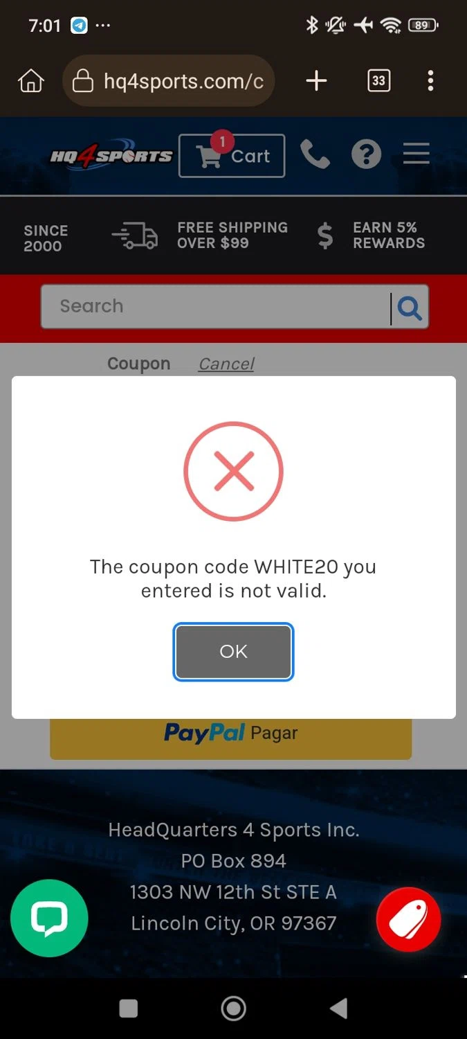 HQ4Sports.com coupon code screenshot showing code white20 applied at HQ4Sports.com checkout page. Uploaded by SimplyCodes community member malumabby on Apr 6, 2025