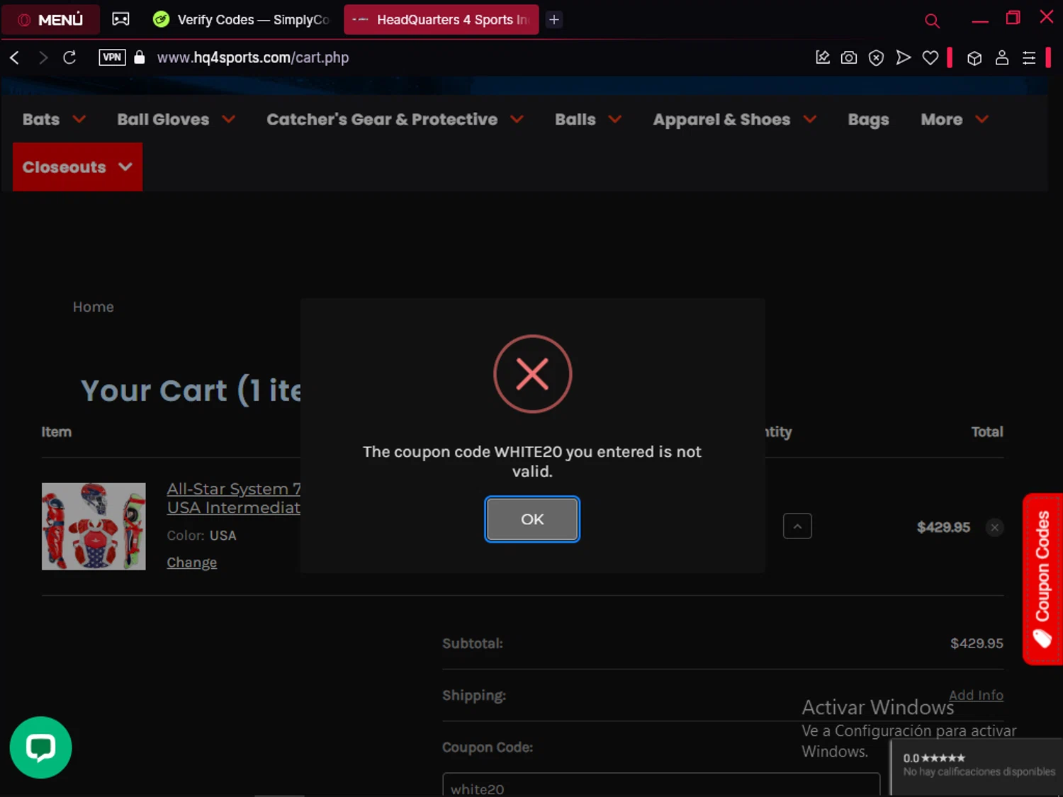 HQ4Sports.com coupon code screenshot showing code white20 applied at HQ4Sports.com checkout page. Uploaded by SimplyCodes community member LegendaryFox9861 on Apr 6, 2025