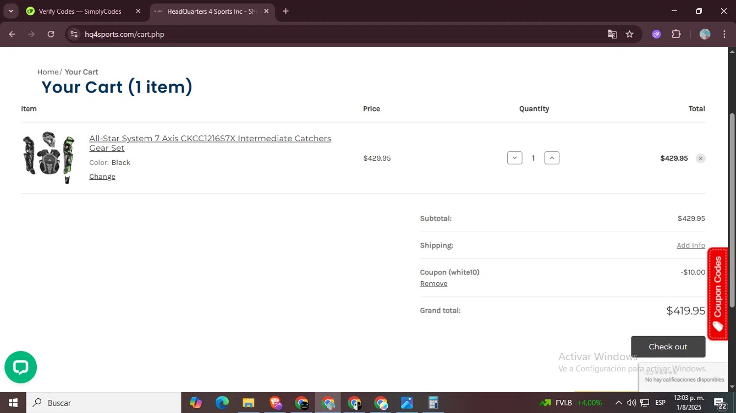 HQ4Sports.com coupon code screenshot showing code white10 applied at HQ4Sports.com checkout page. Uploaded by SimplyCodes community member LegendaryPro7106 on Aug 1, 2025