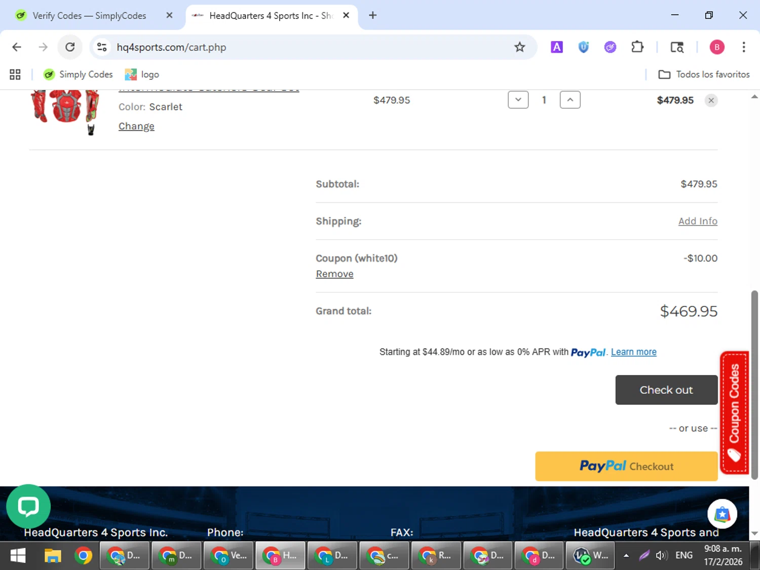 HQ4Sports.com coupon code screenshot showing code white10 applied at HQ4Sports.com checkout page. Uploaded by SimplyCodes community member bombontropical on Feb 17, 2026