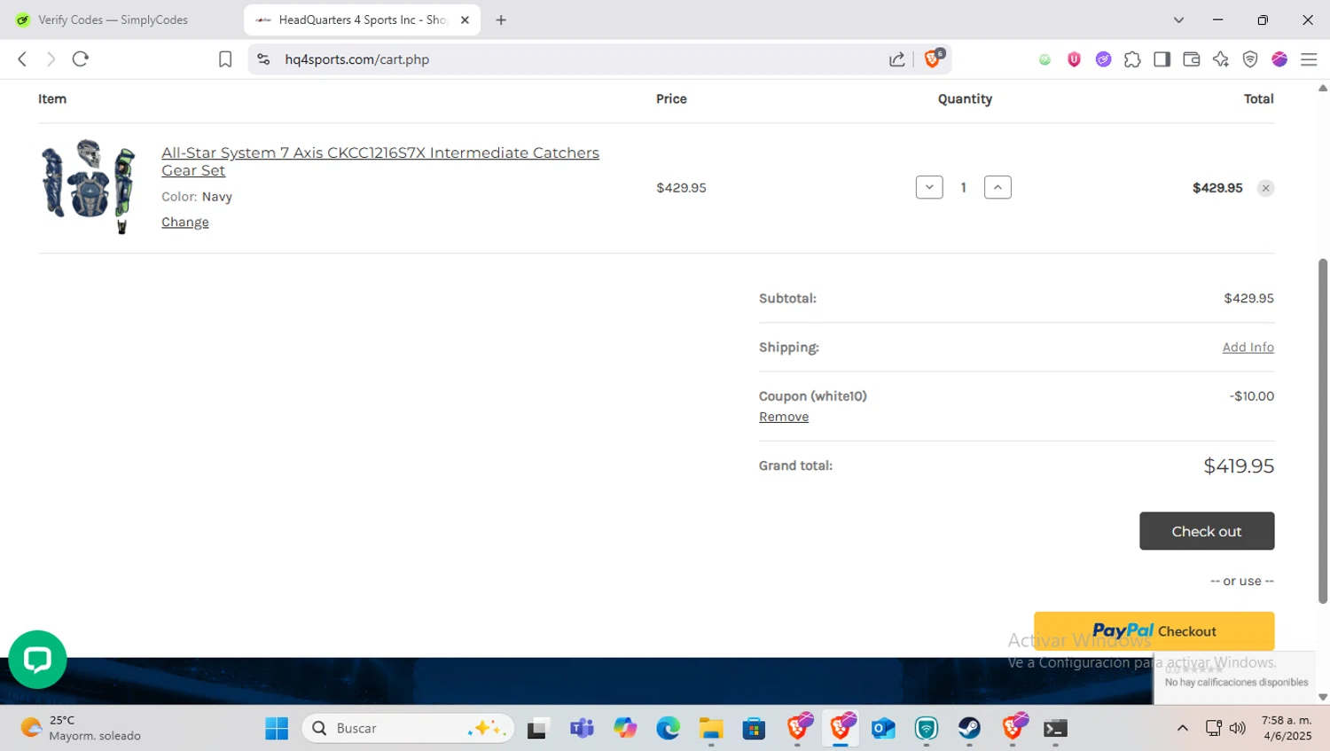 HQ4Sports.com coupon code screenshot showing code white10 applied at HQ4Sports.com checkout page. Uploaded by SimplyCodes community member SapeGato on Jun 4, 2025