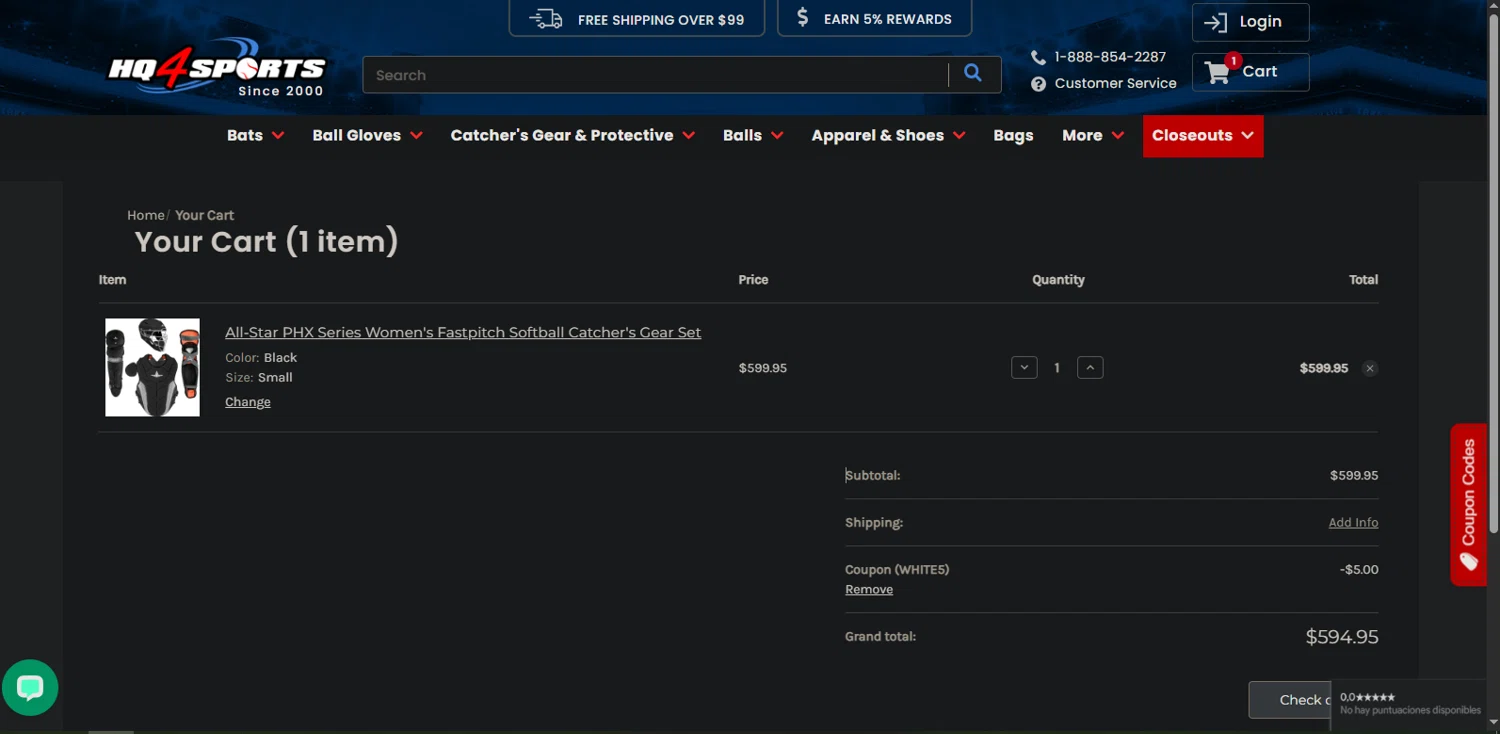 HQ4Sports.com coupon code screenshot showing code WHITE5 applied at HQ4Sports.com checkout page. Uploaded by SimplyCodes community member Nor_man on Jun 20, 2025