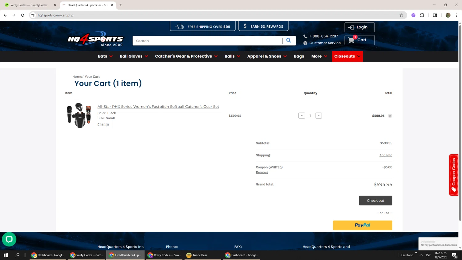 HQ4Sports.com coupon code screenshot showing code WHITE5 applied at HQ4Sports.com checkout page. Uploaded by SimplyCodes community member Phoenix585 on Jul 19, 2025