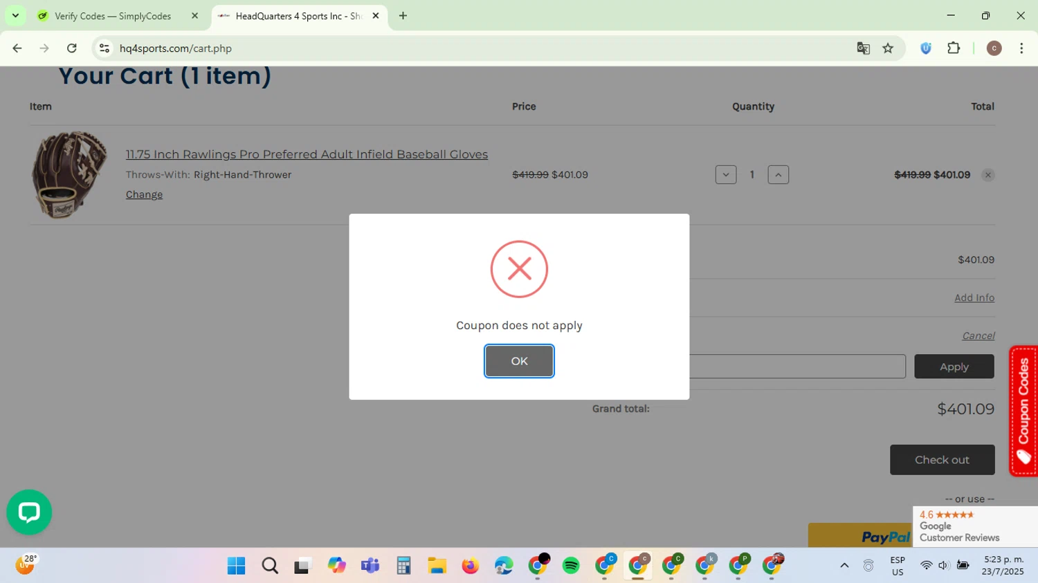 HQ4Sports.com coupon code screenshot showing code GEARUP10 applied at HQ4Sports.com checkout page. Uploaded by SimplyCodes community member NobleExpert6497 on Jul 23, 2025