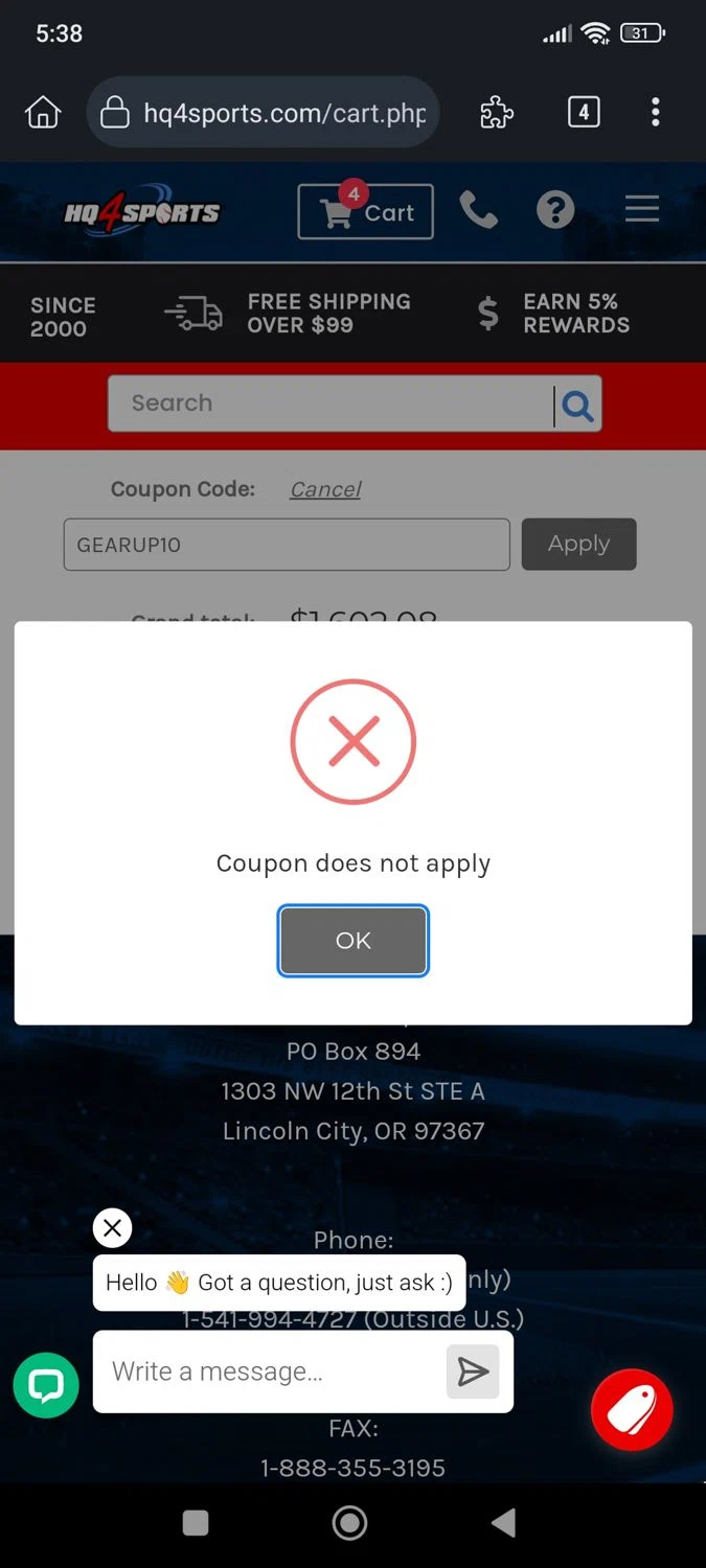 HQ4Sports.com coupon code screenshot showing code GEARUP10 applied at HQ4Sports.com checkout page. Uploaded by SimplyCodes community member nerimarsantaella on Jul 23, 2025