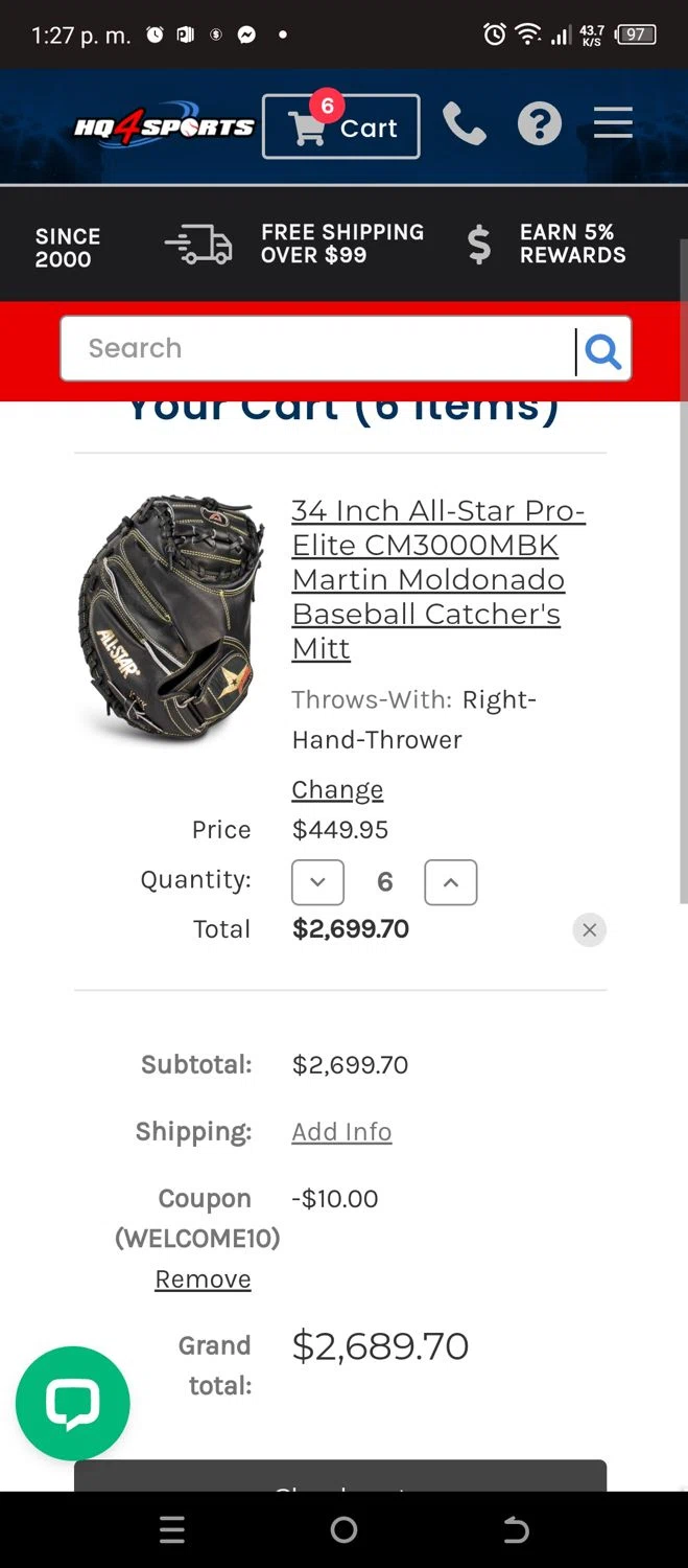 HQ4Sports.com coupon code screenshot showing code WELCOME10 applied at HQ4Sports.com checkout page. Uploaded by SimplyCodes community member SaleScholar2537 on May 26, 2025