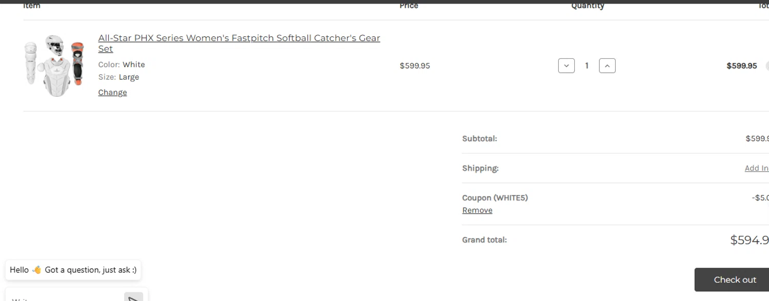 HQ4Sports.com coupon code screenshot showing code WHITE5 applied at HQ4Sports.com checkout page. Uploaded by SimplyCodes community member ashe1986 on May 22, 2025