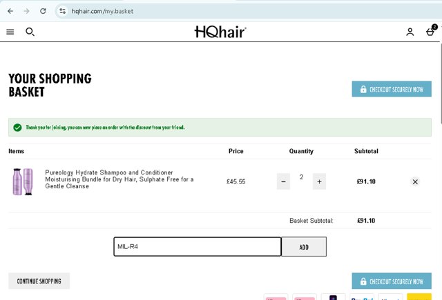 HQhair checkout page showing HQhair discount code box | Screenshot taken by SimplyCodes community member on Aug 16, 2025
