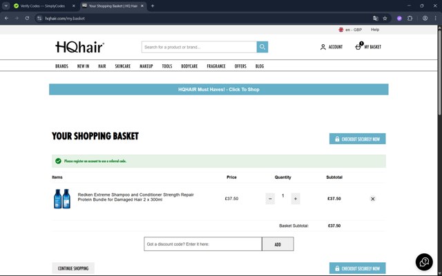 HQhair checkout page showing HQhair discount code box | Screenshot taken by SimplyCodes community member on Jul 17, 2025
