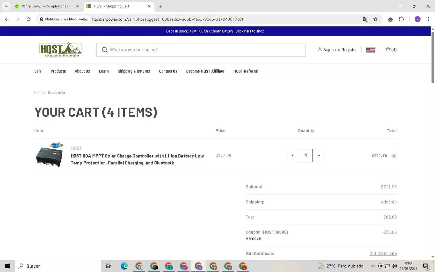 HQST Solar Power promo code screenshot showing code HQST50600 applied at HQST Solar Power checkout page. Uploaded by SimplyCodes community member NobleGenius1697 on Mar 19, 2025