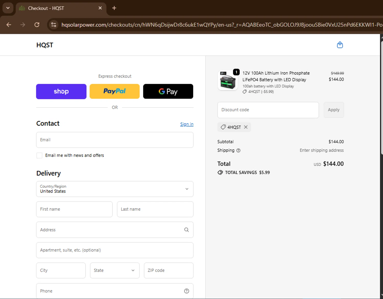 HQST Solar Power checkout page showing HQST Solar Power promo code box | Screenshot taken by SimplyCodes community member on Dec 25, 2025