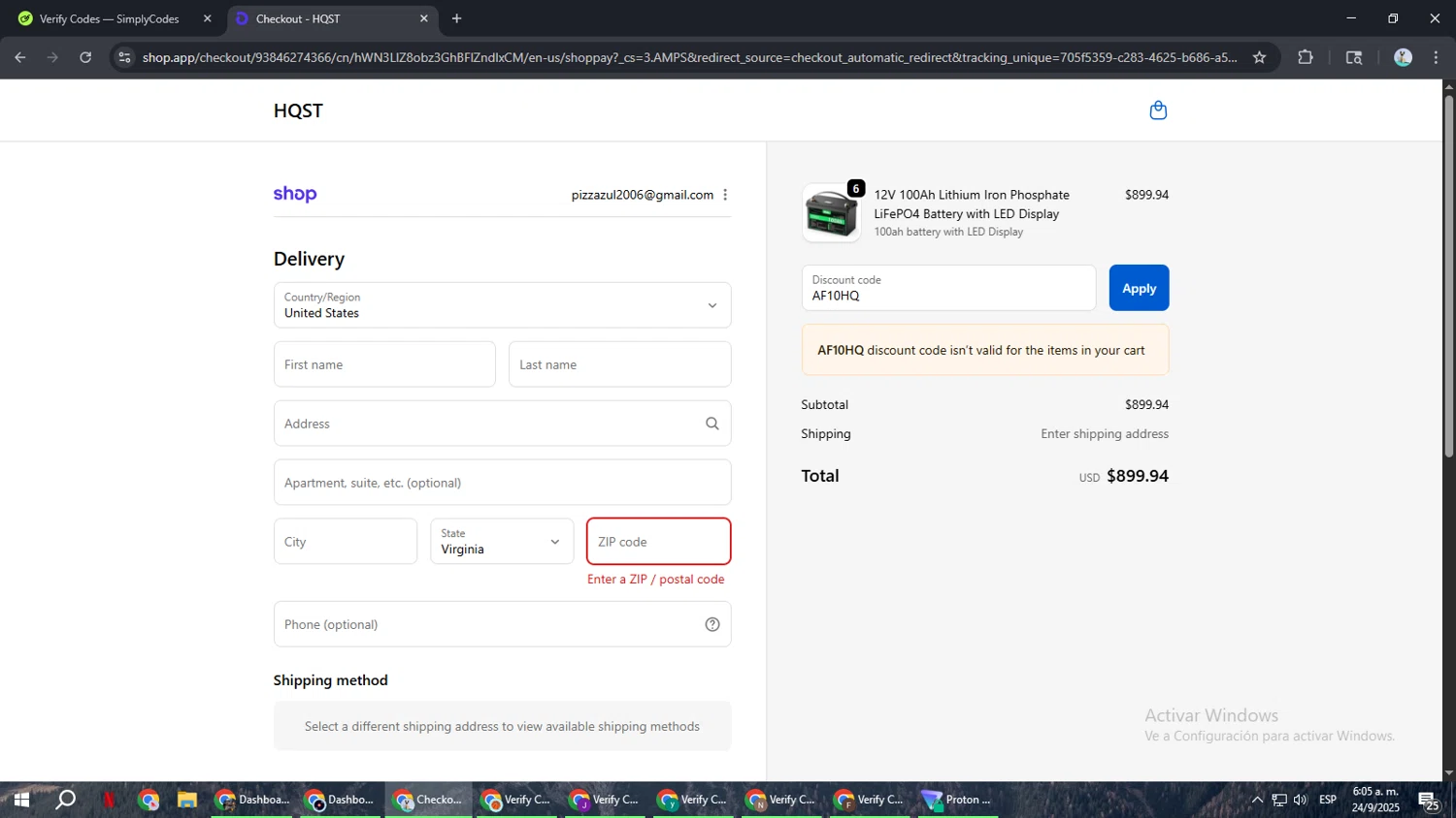 HQST Solar Power promo code screenshot showing code AF10HQ applied at HQST Solar Power checkout page. Uploaded by SimplyCodes community member ShrewdSeeker6165 on Sep 24, 2025