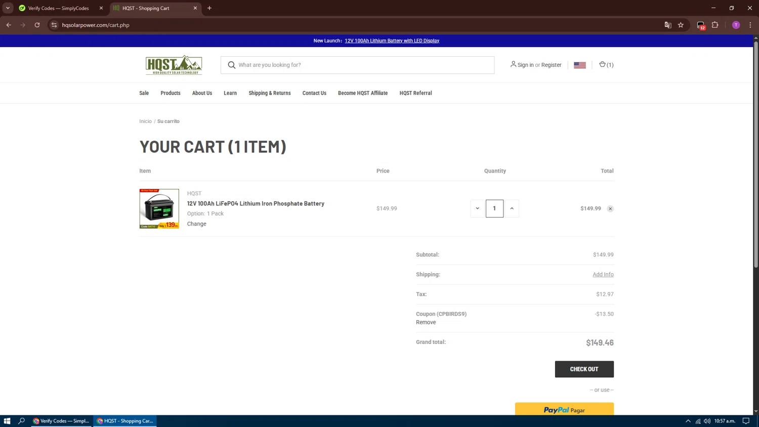 HQST Solar Power promo code screenshot showing code CPBIRDS9 applied at HQST Solar Power checkout page. Uploaded by SimplyCodes community member CodeMonarch3919 on Jun 14, 2025