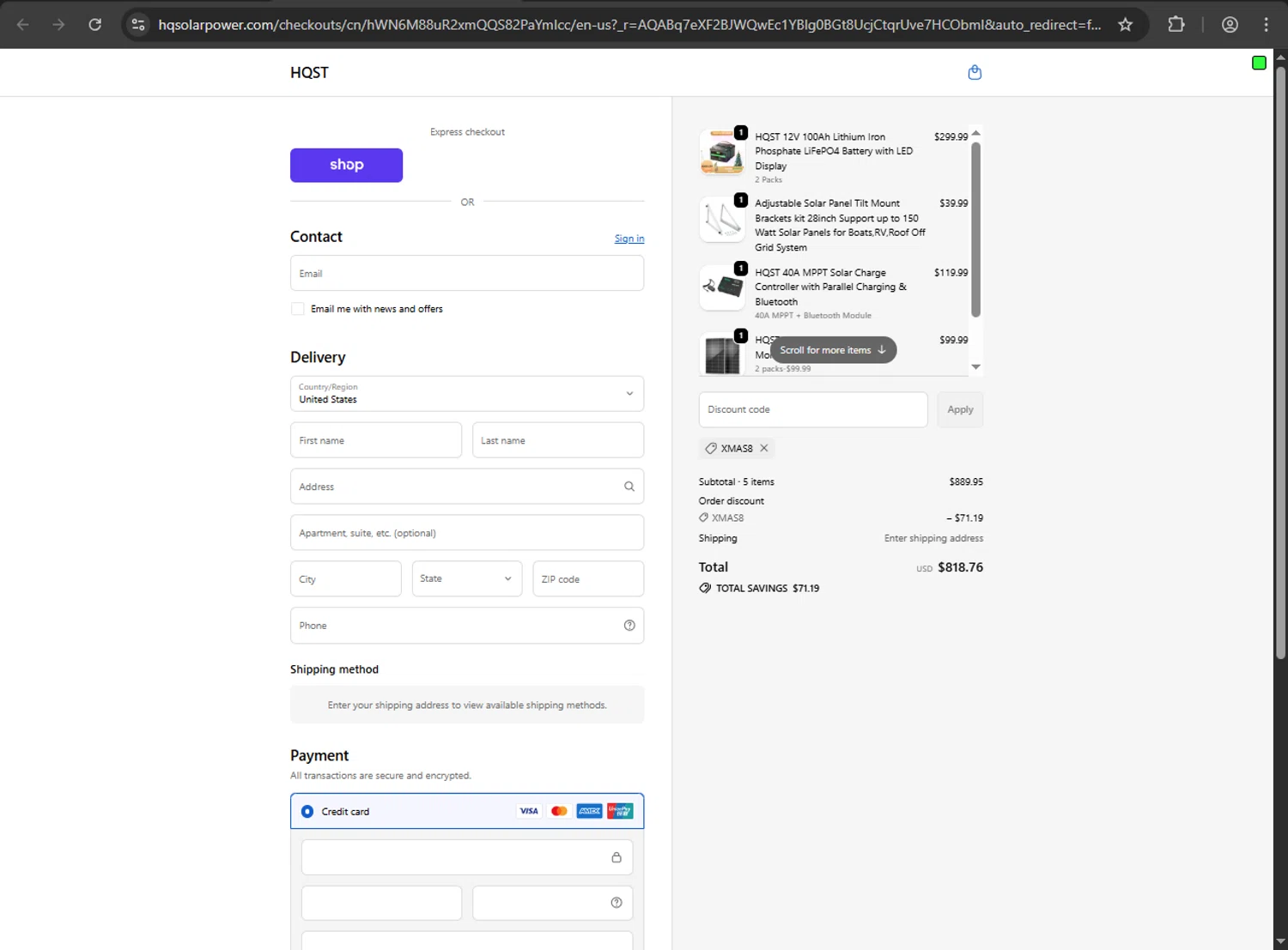 HQST Solar Power promo code screenshot showing code XMAS8 applied at HQST Solar Power checkout page. Uploaded by SimplyCodes community member jickselyspolanco on Dec 12, 2025