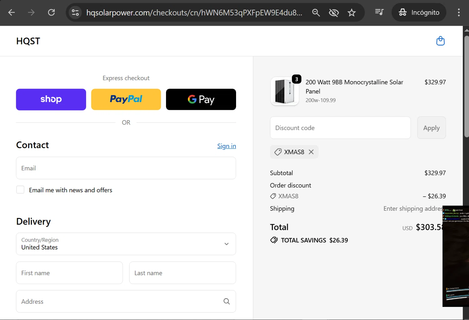 HQST Solar Power promo code screenshot showing code XMAS8 applied at HQST Solar Power checkout page. Uploaded by SimplyCodes community member anosesmith on Dec 12, 2025
