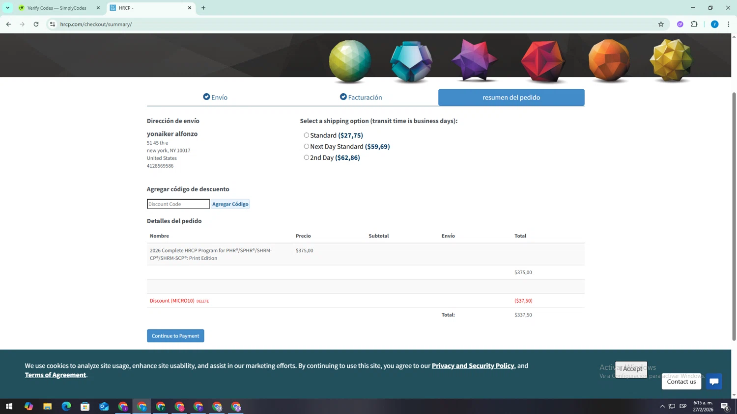 HRCP promo code screenshot showing code MICRO10 applied at HRCP checkout page. Uploaded by SimplyCodes community member TokenSaver1205 on Feb 27, 2026