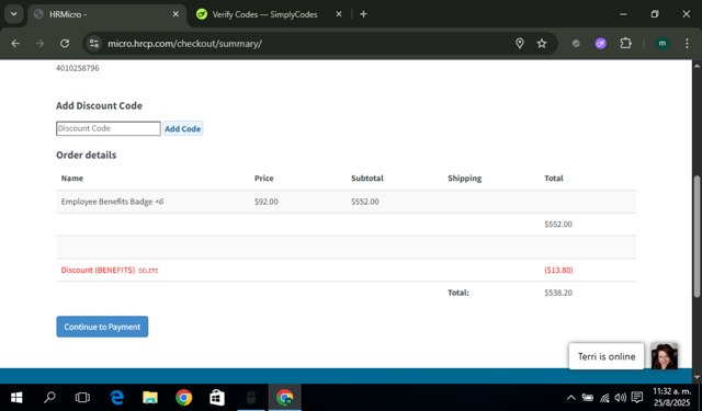 HRCP checkout page showing HRCP discount code box | Screenshot taken by SimplyCodes community member on Aug 25, 2025