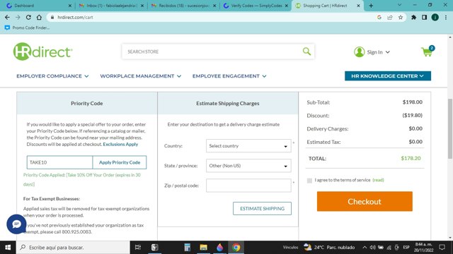 HRdirect checkout page showing HRdirect coupon code box | Screenshot taken by SimplyCodes community member on Nov 20, 2022