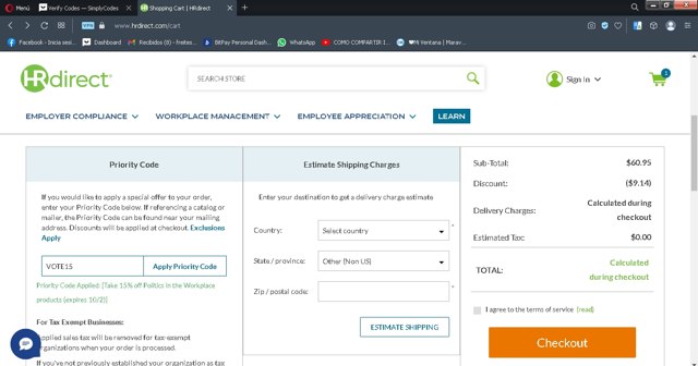 HRdirect checkout page showing HRdirect coupon code box | Screenshot taken by SimplyCodes community member on May 8, 2023