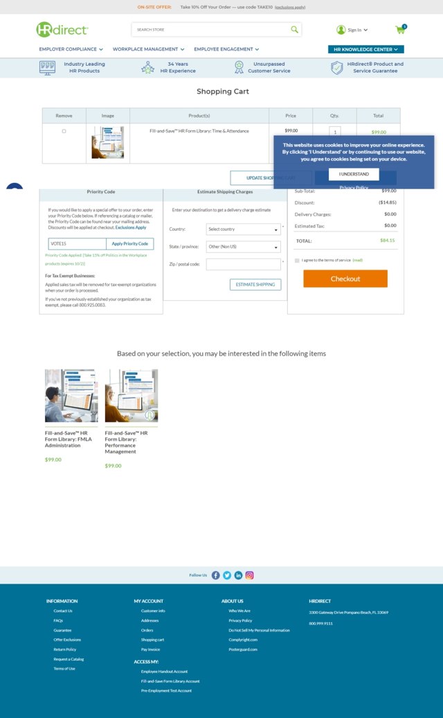 HRdirect checkout page showing HRdirect coupon code box | Screenshot taken by SimplyCodes community member on Oct 20, 2022