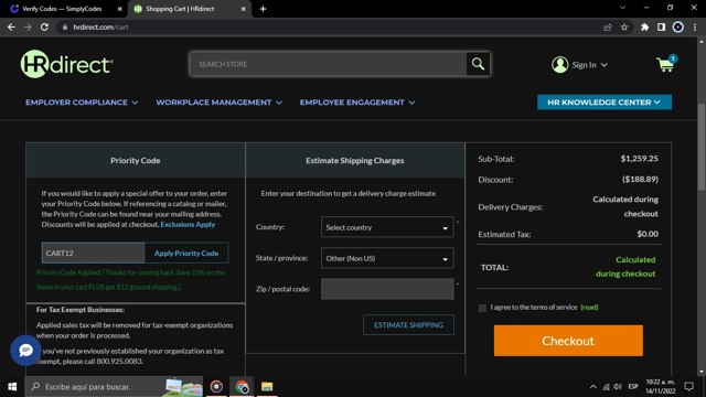 HRdirect checkout page showing HRdirect coupon code box | Screenshot taken by SimplyCodes community member on Nov 14, 2022