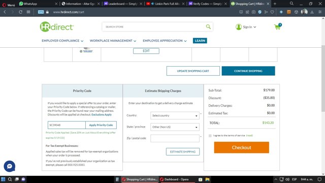 HRdirect checkout page showing HRdirect coupon code box | Screenshot taken by SimplyCodes community member on May 16, 2023