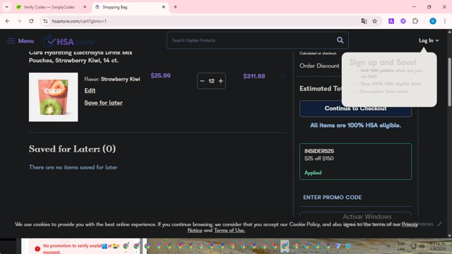 HSAstore.com checkout page showing HSAstore.com promo code box | Screenshot taken by SimplyCodes community member on Sep 4, 2025