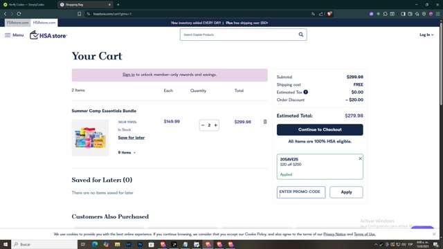 HSAstore.com checkout page showing HSAstore.com promo code box | Screenshot taken by SimplyCodes community member on Aug 13, 2025