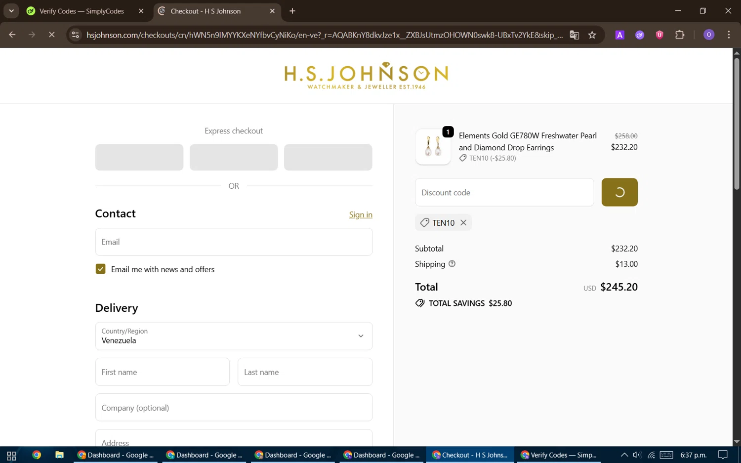 H.S. Johnson discount code screenshot showing code TEN10 applied at H.S. Johnson checkout page. Uploaded by SimplyCodes community member BudgetHawk9503 on Nov 27, 2025
