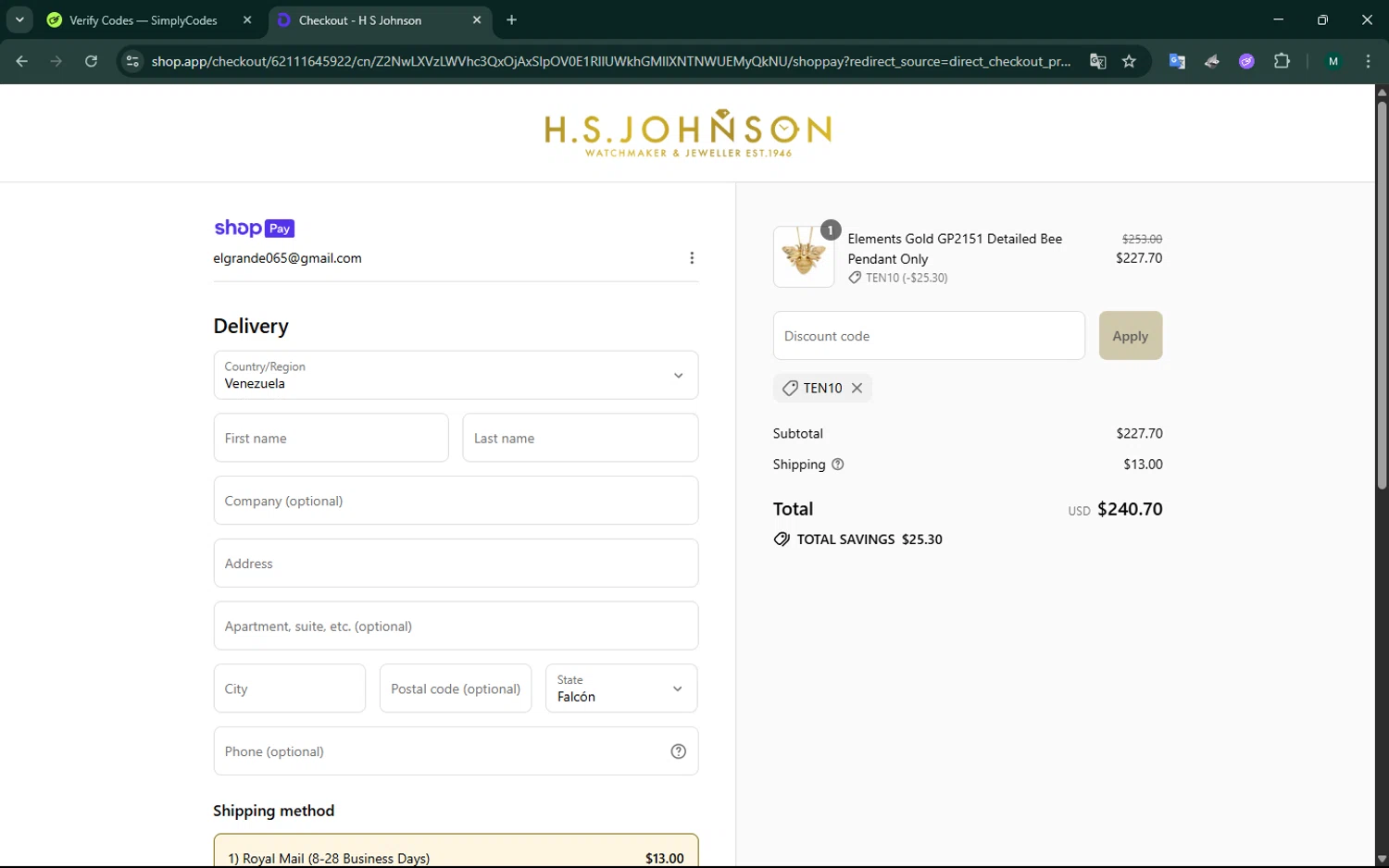 H.S. Johnson discount code screenshot showing code TEN10 applied at H.S. Johnson checkout page. Uploaded by SimplyCodes community member ScanCurator288 on Jul 8, 2025