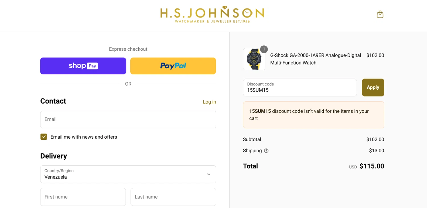 H.S. Johnson discount code screenshot showing code 15SUM15 applied at H.S. Johnson checkout page. Uploaded by SimplyCodes community member antonietarodriguez96 on Aug 10, 2025