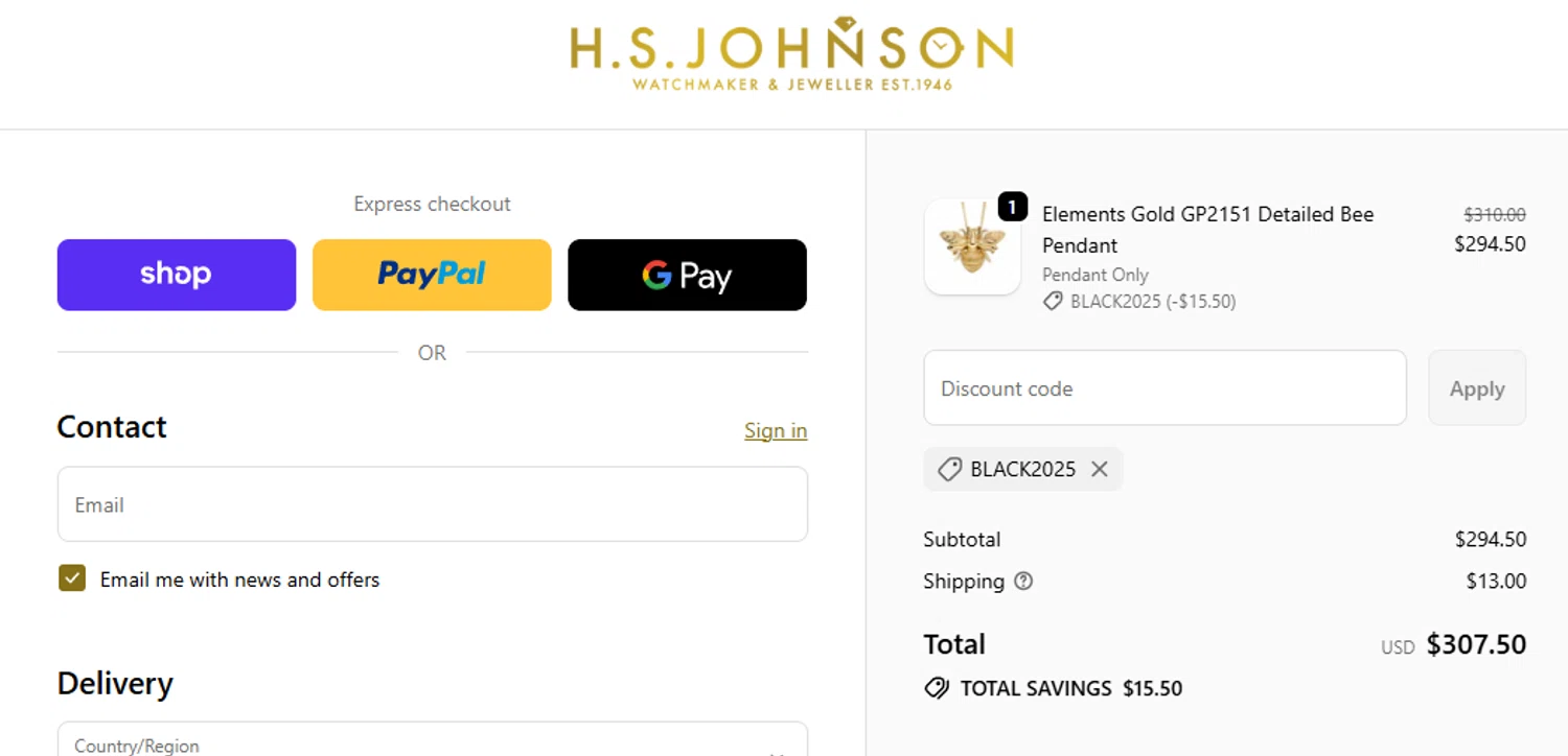 H.S. Johnson discount code screenshot showing code black2025 applied at H.S. Johnson checkout page. Uploaded by SimplyCodes community member Olorinnnnn on Nov 28, 2025