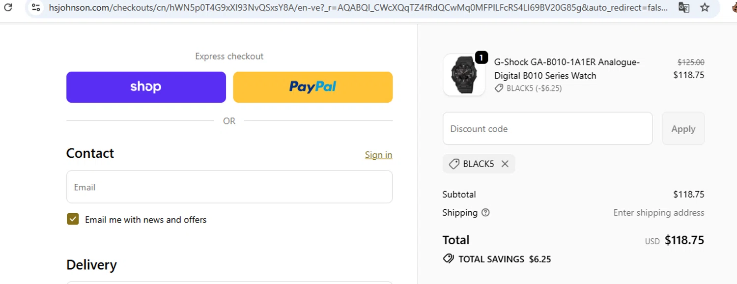 H.S. Johnson discount code screenshot showing code BLACK5 applied at H.S. Johnson checkout page. Uploaded by SimplyCodes community member javierprez on Nov 28, 2025