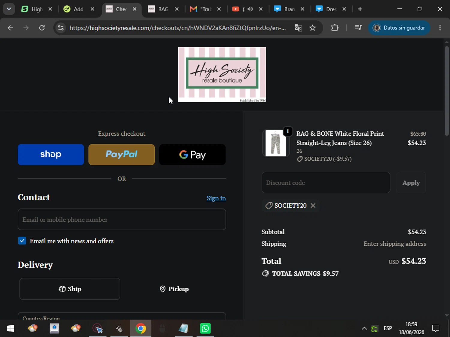 High Society promo code screenshot showing code SOCIETY20 applied at High Society checkout page. Uploaded by SimplyCodes community member MarcosAranguren on Jun 18, 2026