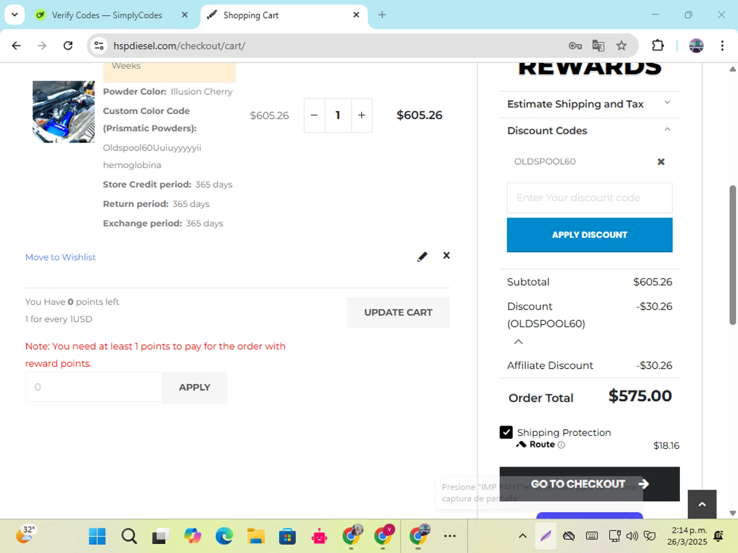 HSP Diesel discount code screenshot showing code Oldspool60 applied at HSP Diesel checkout page. Uploaded by SimplyCodes community member DiscountGenius6081 on Mar 26, 2025