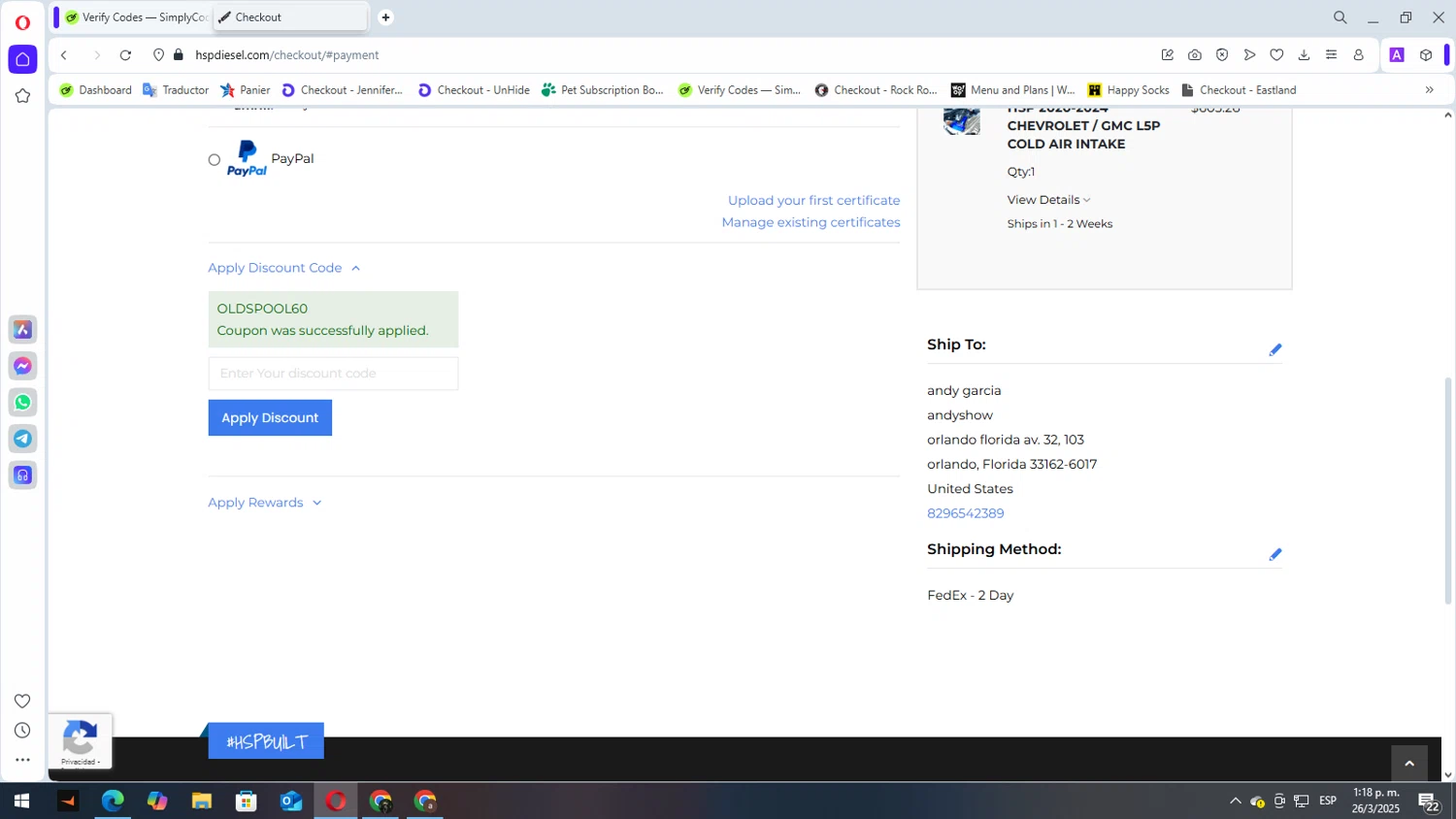 HSP Diesel discount code screenshot showing code Oldspool60 applied at HSP Diesel checkout page. Uploaded by SimplyCodes community member elbicho22 on Mar 26, 2025