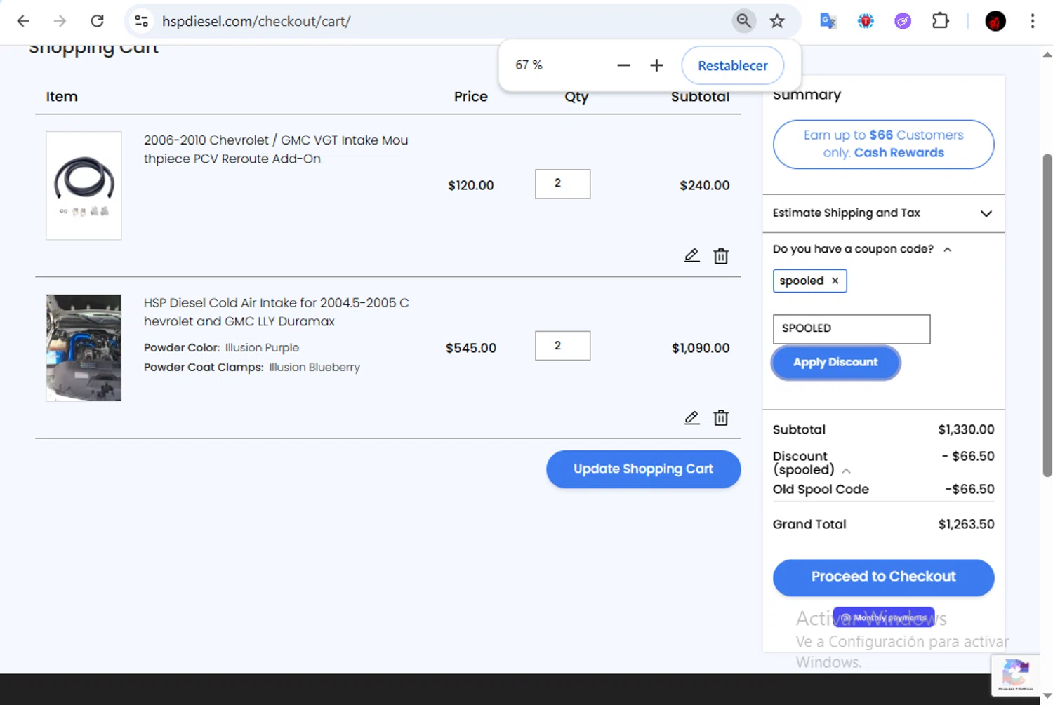 HSP Diesel discount code screenshot showing code SPOOLED applied at HSP Diesel checkout page. Uploaded by SimplyCodes community member Francisco01 on Nov 3, 2025