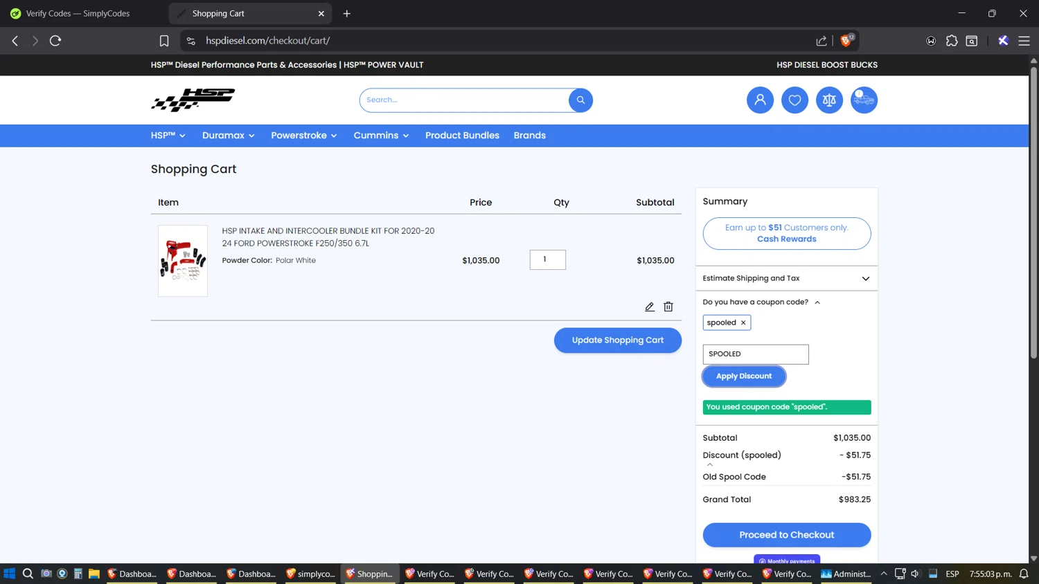 HSP Diesel discount code screenshot showing code SPOOLED applied at HSP Diesel checkout page. Uploaded by SimplyCodes community member SoulPower on Sep 6, 2025