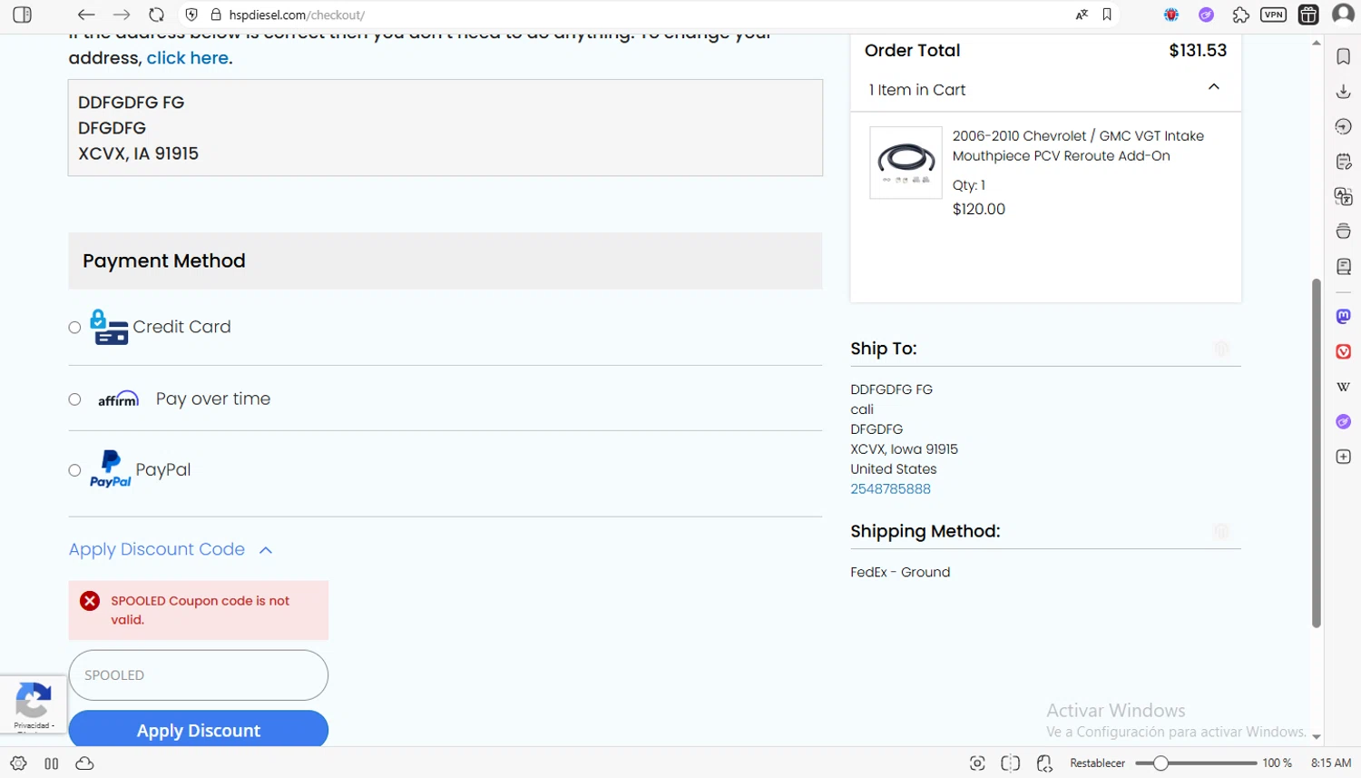 HSP Diesel discount code screenshot showing code SPOOLED applied at HSP Diesel checkout page. Uploaded by SimplyCodes community member luissilva2 on Dec 2, 2025