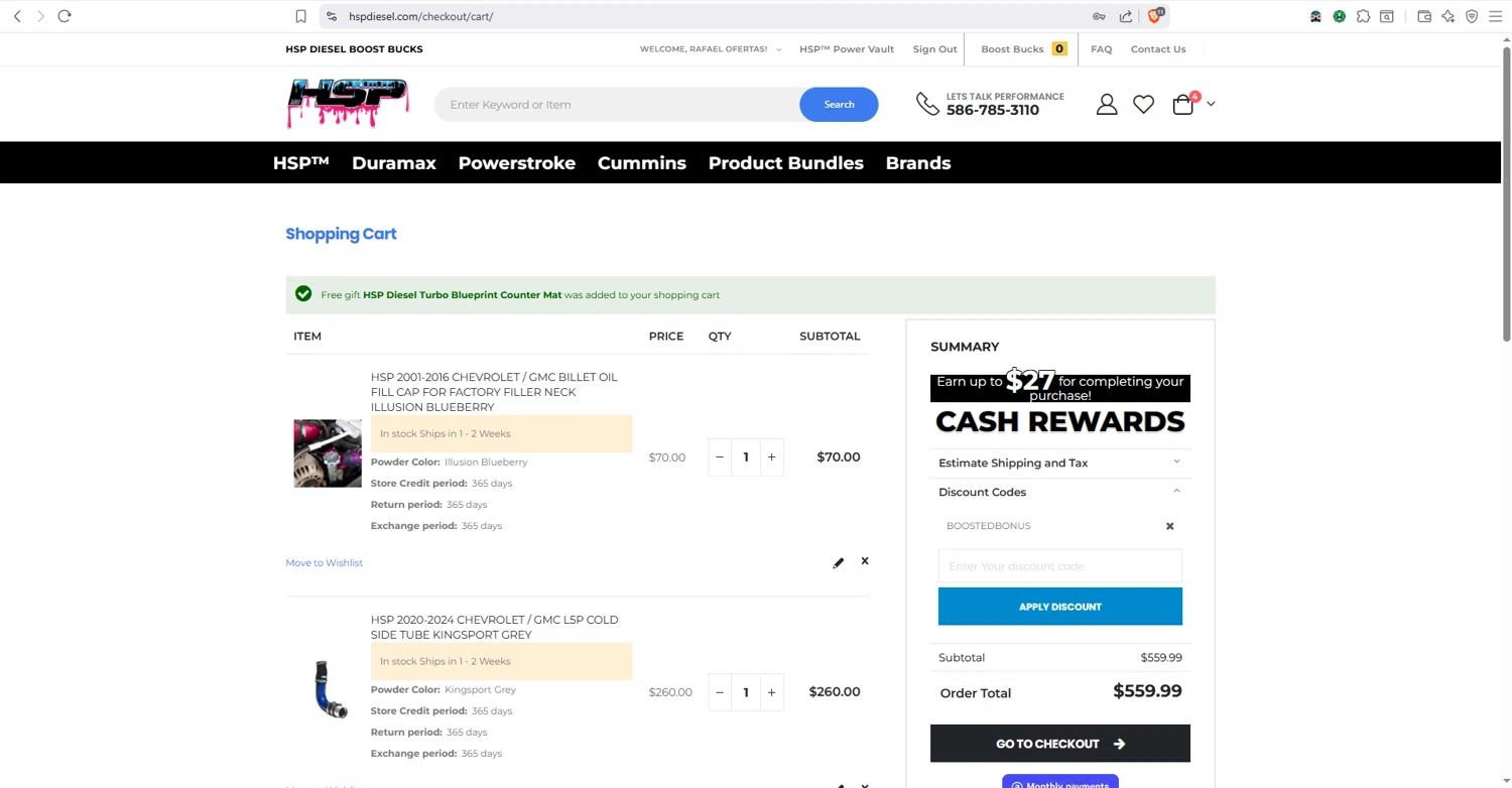 HSP Diesel discount code screenshot showing code BOOSTEDBONUS applied at HSP Diesel checkout page. Uploaded by SimplyCodes community member dayselis15 on Jul 29, 2025