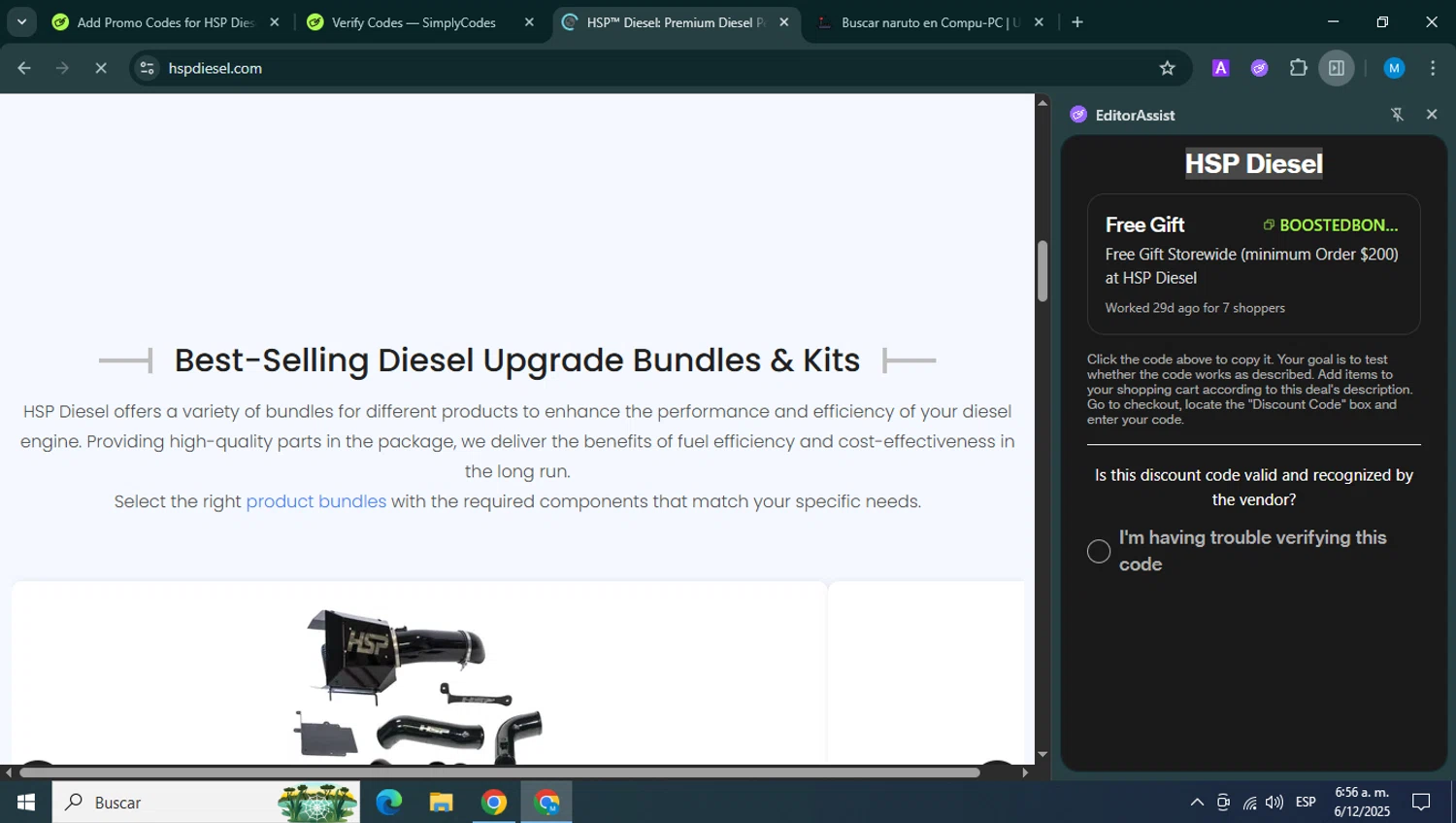 HSP Diesel discount code screenshot showing code BOOSTEDBONUS applied at HSP Diesel checkout page. Uploaded by SimplyCodes community member rosamiranda on Dec 6, 2025