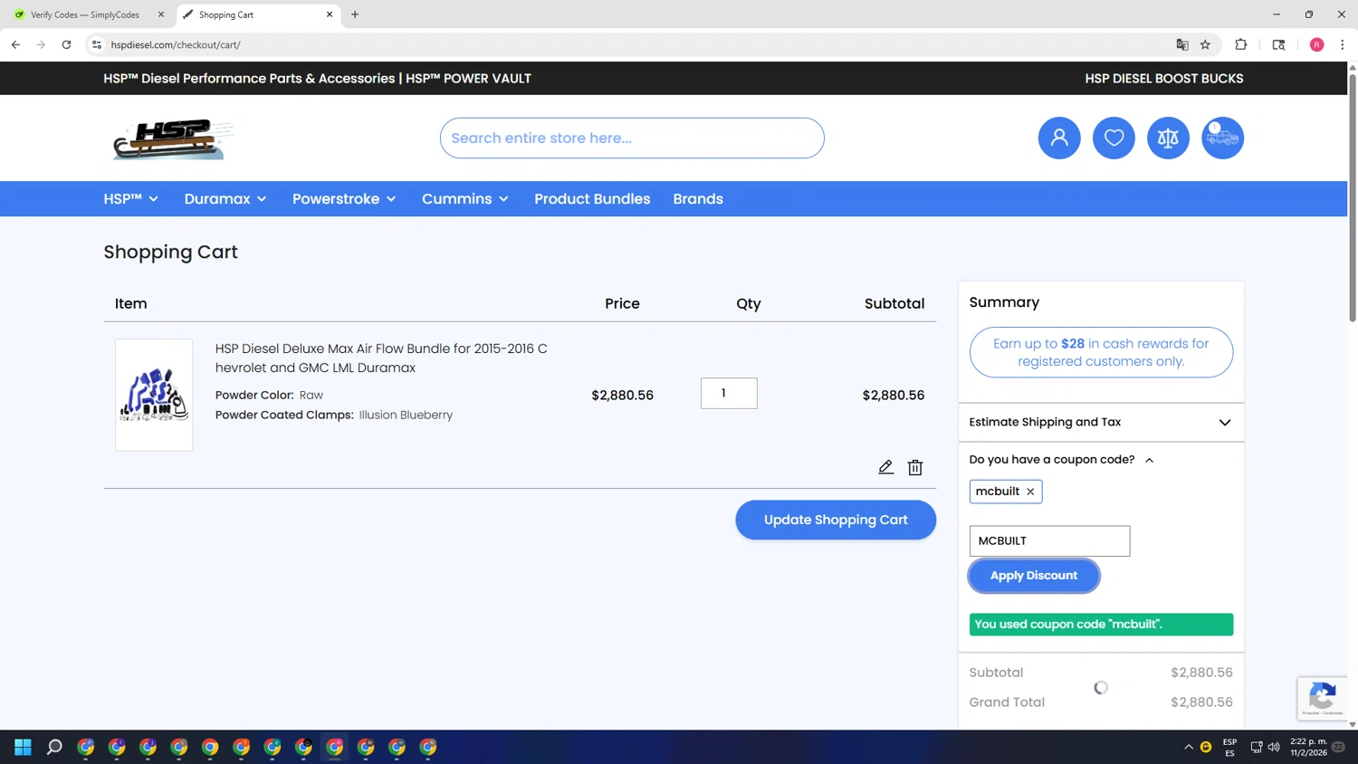 HSP Diesel checkout page showing HSP Diesel discount code box | Screenshot taken by SimplyCodes community member on Feb 11, 2026