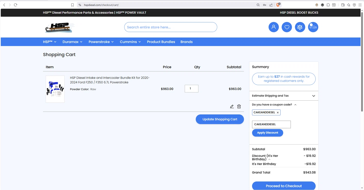 HSP Diesel checkout page showing HSP Diesel discount code box | Screenshot taken by SimplyCodes community member on Jan 28, 2026