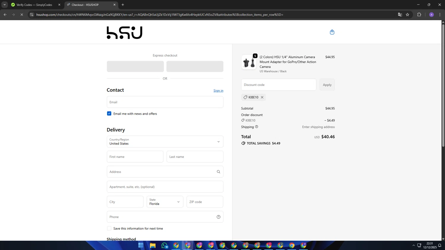 HSUSHOP promo code screenshot showing code KIBE10 applied at HSUSHOP checkout page. Uploaded by SimplyCodes community member SAKURA on Dec 13, 2025