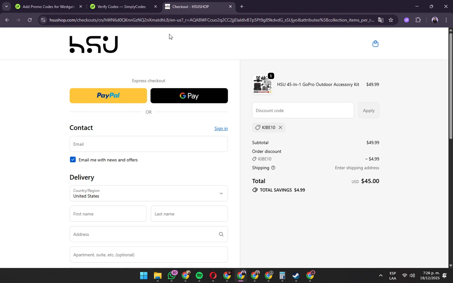 HSUSHOP promo code screenshot showing code KIBE10 applied at HSUSHOP checkout page. Uploaded by SimplyCodes community member VictoriousVirtuoso8516 on Dec 19, 2025