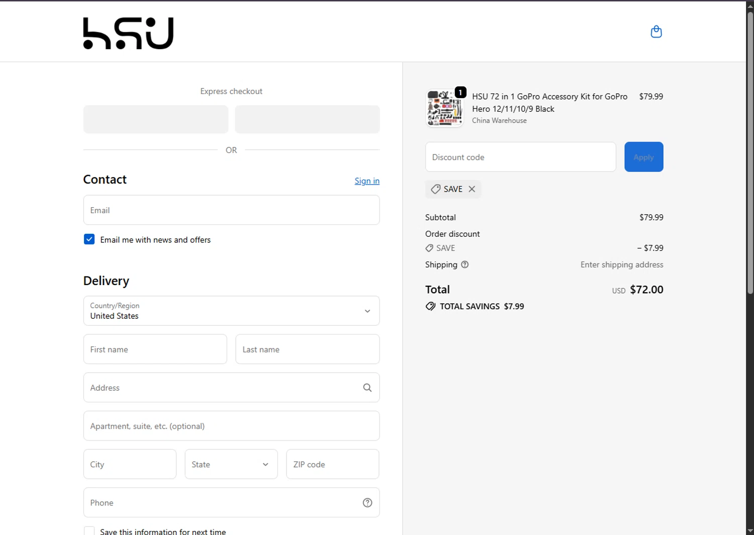 HSUSHOP promo code screenshot showing code SAVE applied at HSUSHOP checkout page. Uploaded by SimplyCodes community member SalePhoenix2220 on Dec 13, 2025