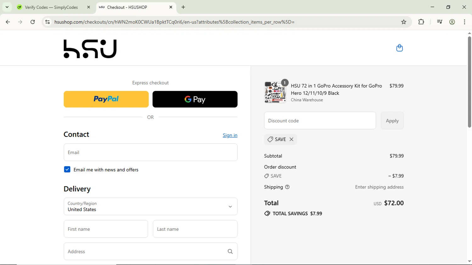 HSUSHOP promo code screenshot showing code SAVE applied at HSUSHOP checkout page. Uploaded by SimplyCodes community member ScanPhoenix3549 on Sep 9, 2025
