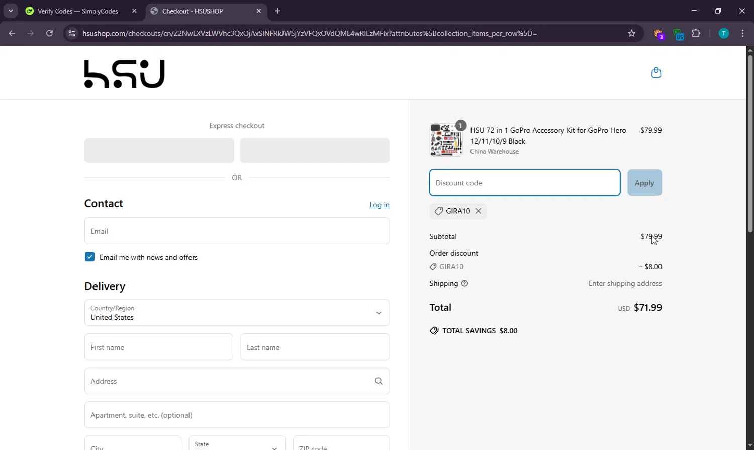 HSUSHOP promo code screenshot showing code GIRA10 applied at HSUSHOP checkout page. Uploaded by SimplyCodes community member DiscountPhoenix427 on Apr 22, 2025