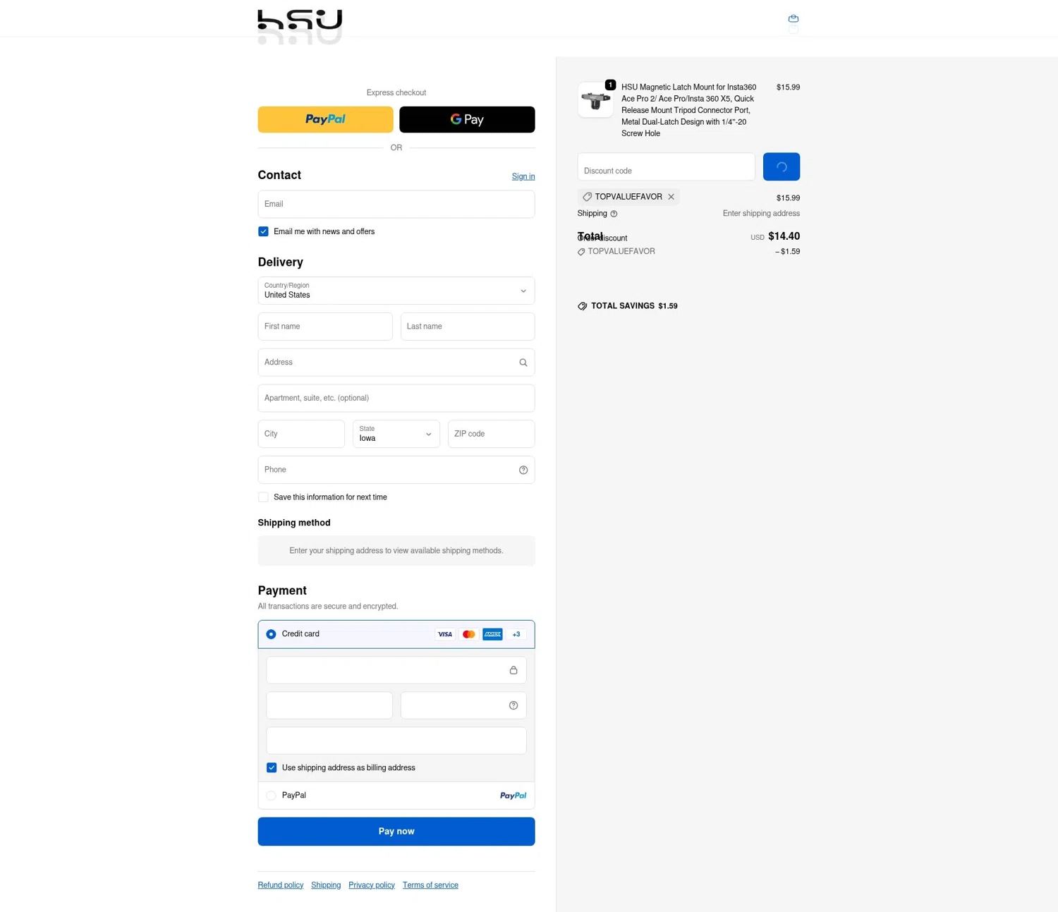 HSUSHOP promo code screenshot showing code topvaluefavor applied at HSUSHOP checkout page. Uploaded by SimplyCodes community member LOgoter on Jan 20, 2026