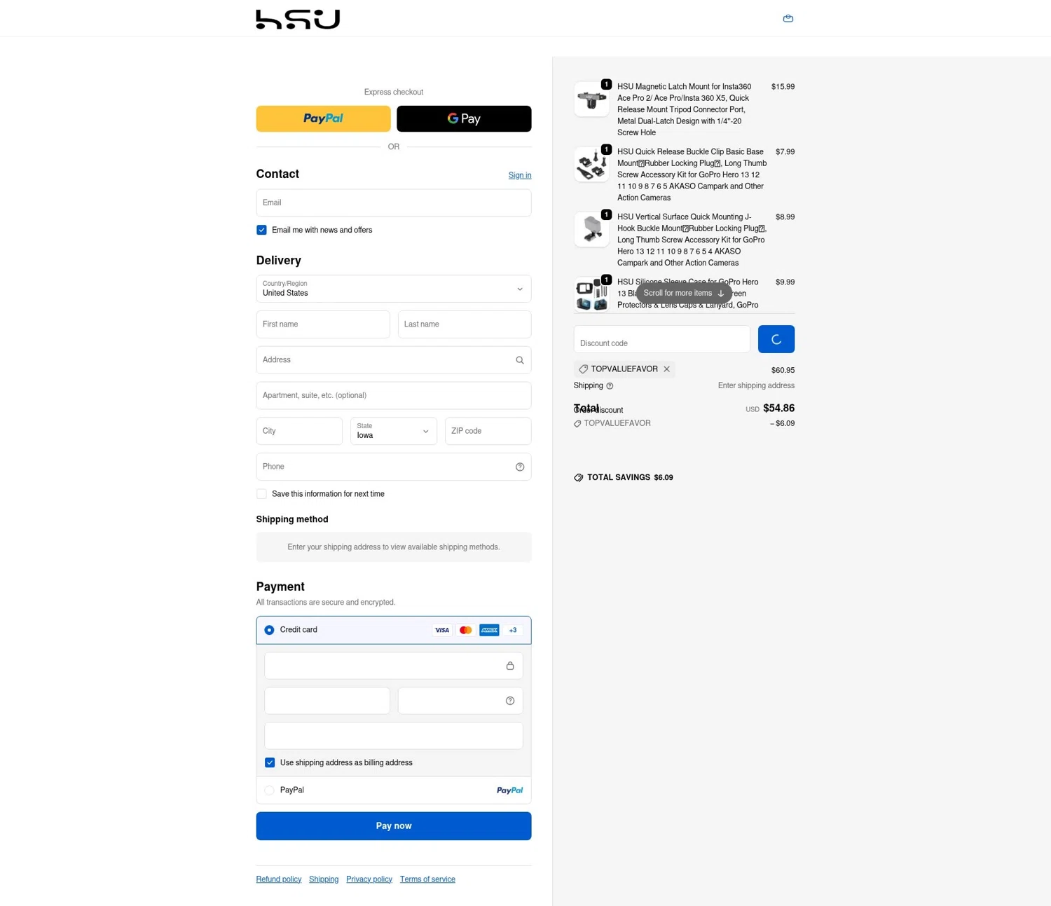 HSUSHOP promo code screenshot showing code topvaluefavor applied at HSUSHOP checkout page. Uploaded by SimplyCodes community member saltediosteve on Dec 30, 2025